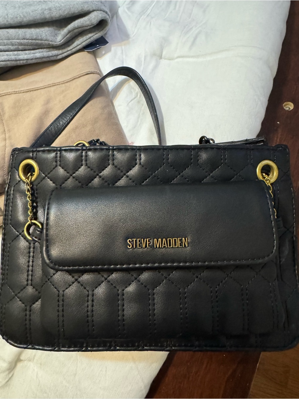 Steve Madden Black Quilted Shoulder Bag with Gold Hardware